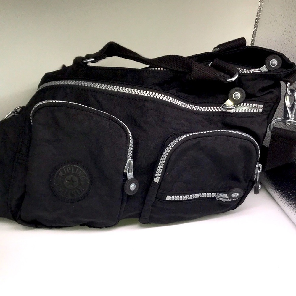 Kipling black canvas cross body purse bag multi internal and external pockets